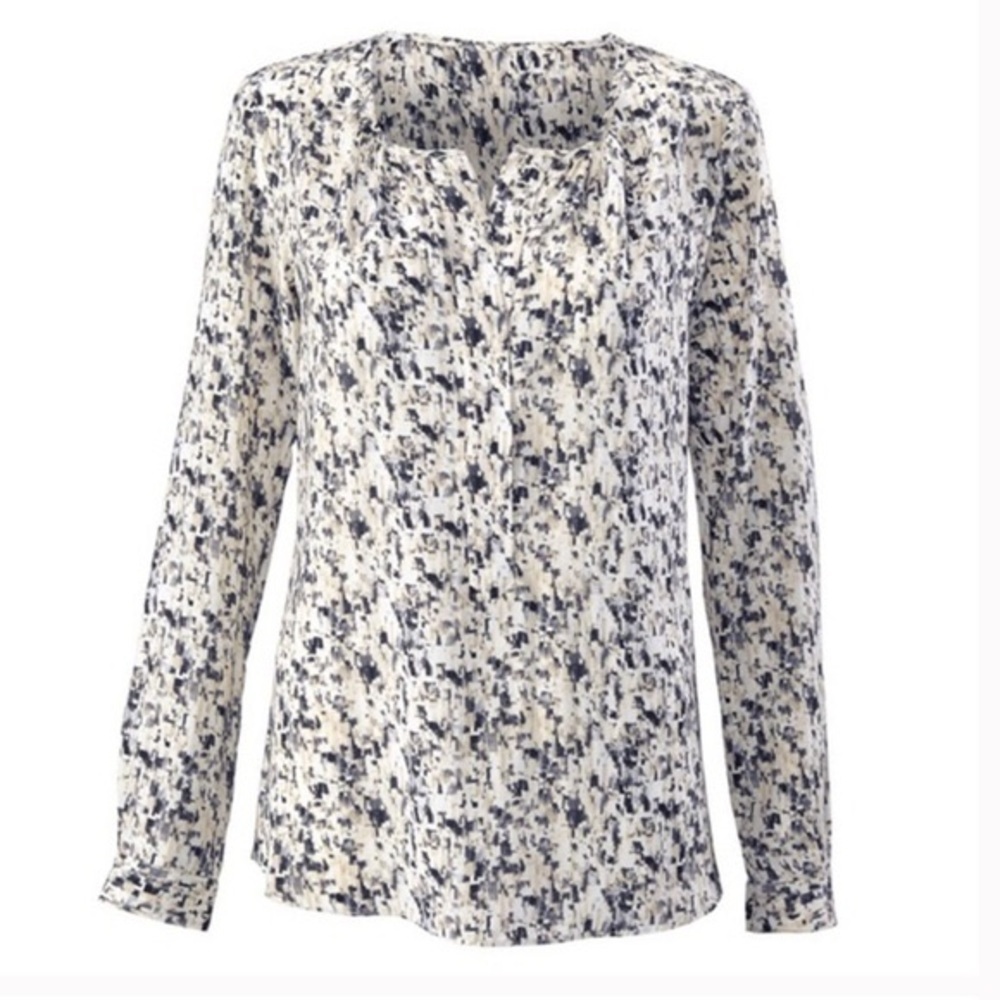 Cabi Shatter Popover Split‎ Neck Blouse 3094 XS Abstract Geometric Neutral Top